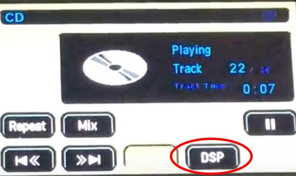 The car's audio menu on screen, showing a DSP button