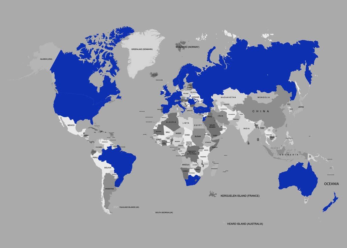 World map with the 25 countries JagBT has shipped to marked in blue, across North and South America, Europe, Africa, Asia and Australasia