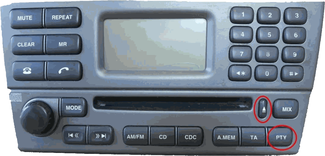 A standard Jaguar head unit, the eject button and the PTY button both circled in red at the bottom right of the fascia