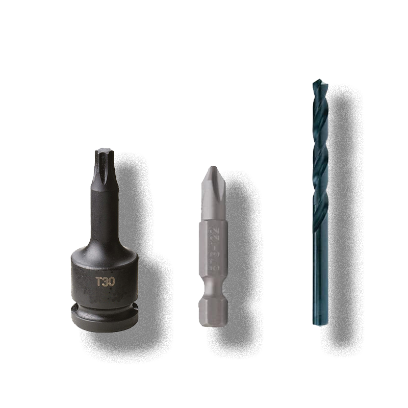 The three tools for fitting JagBT 2.0: a T30 torx bit, a Philips bit and a 6mm drill bit